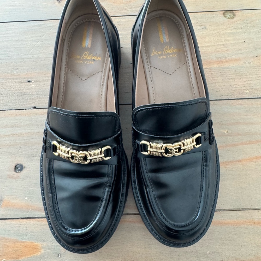 Sam Edelman Teo Lug Black Leather Loafers with Gold Accents Size 7
